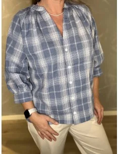 Jeans blå kort ternet skjorte med kinakrave til kvinder – Design by TIPPY 2