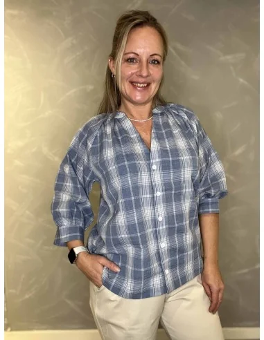 Jeans blå kort ternet skjorte med kinakrave til kvinder – Design by TIPPY