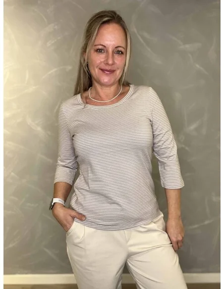 Sand/milk 3/4-ærmet stribet t-shirt til kvinder – Design by TIPPY