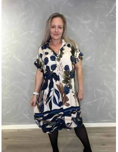 Blå botanisk kjole med bladprint til kvinder – TIPPY Collection