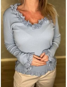 Sky rib bluse med blondekanter til kvinder – TIPPY Collection 2