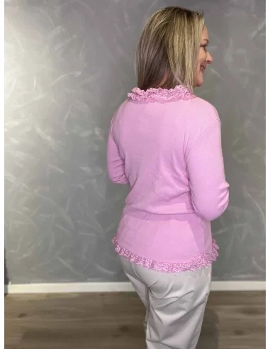 Bagside af rosa rib bluse med blondekanter – TIPPY