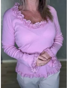 Rosa rib bluse med blondekanter til kvinder – TIPPY Collection 2