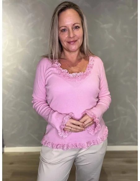 Rosa rib bluse med blondekanter til kvinder – TIPPY Collection