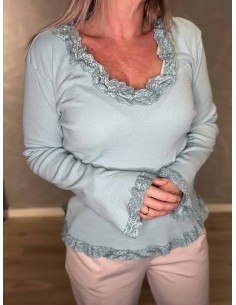 Mint rib bluse med blondekanter til kvinder – TIPPY Collection 2