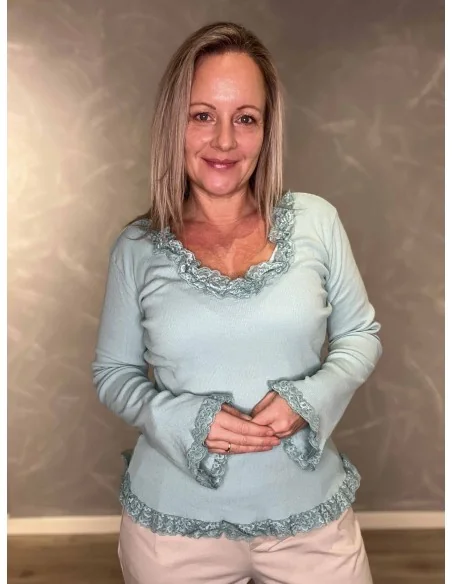 Mint rib bluse med blondekanter til kvinder – TIPPY Collection