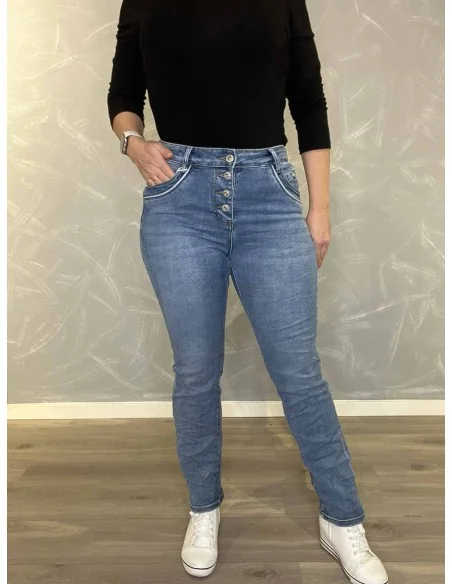 Denim blå Karostar bukser med knapper til kvinder – TIPPY