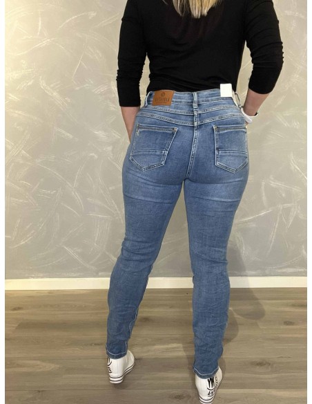 Bagside af denim blå Karostar bukser til kvinder – TIPPY