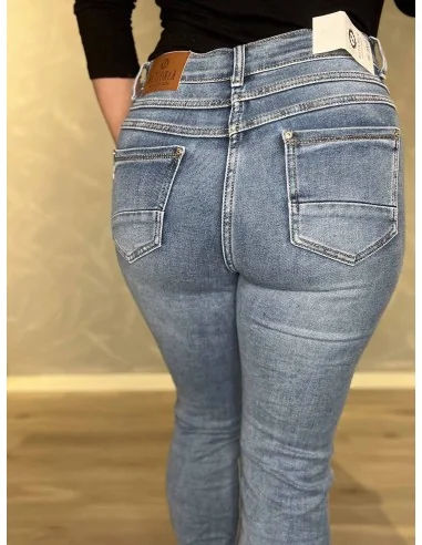 Bagside af denim blå Karostar bukser til kvinder – TIPPY