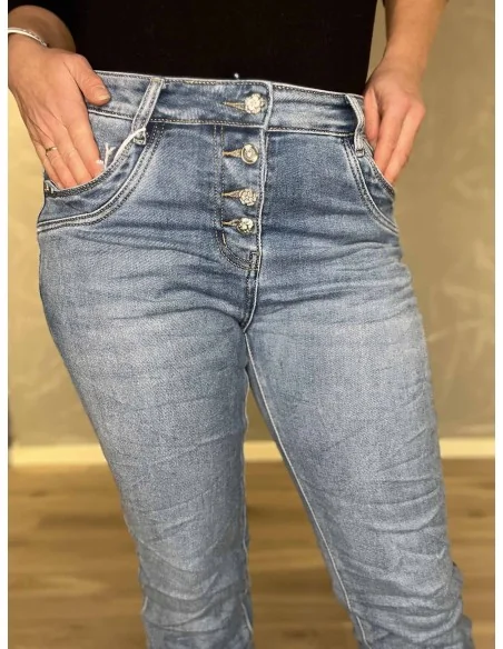 Dekorative knapper på denim blå Karostar bukser – TIPPY
