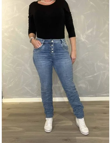 Denim blå Karostar bukser med dekorative knapper til kvinder – TIPPY