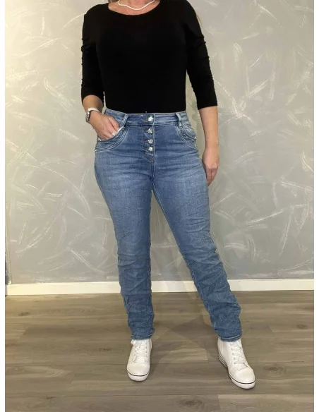 Denim blå Karostar bukser med dekorative knapper til kvinder – TIPPY