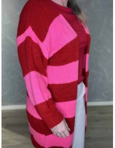 Rød og pink stribet lang strik cardigan til kvinder – TIPPY Collection 2