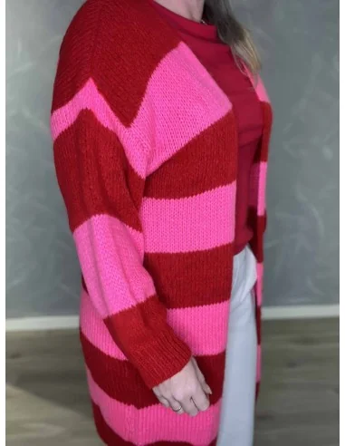 Stribet design på lang strik cardigan i rød og pink – TIPPY