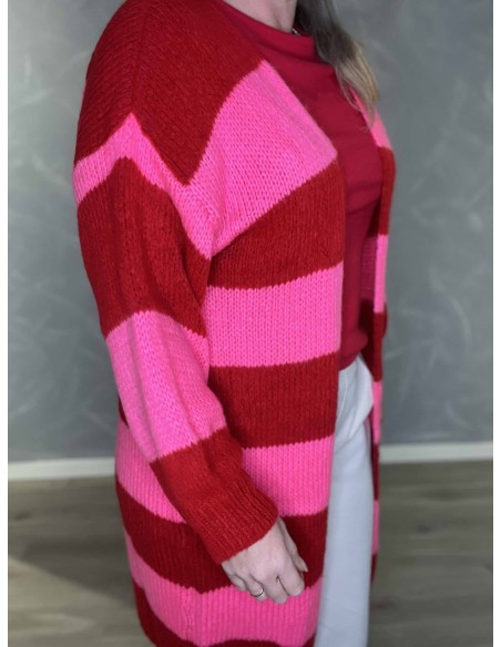 Stribet design på lang strik cardigan i rød og pink – TIPPY