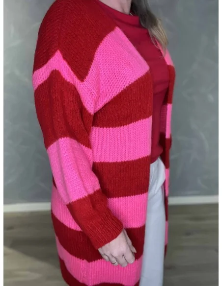 Stribet design på lang strik cardigan i rød og pink – TIPPY
