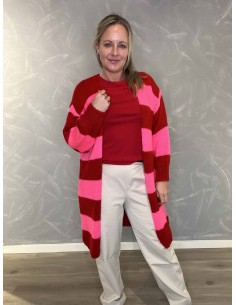 Rød og pink stribet lang strik cardigan til kvinder – TIPPY Collection