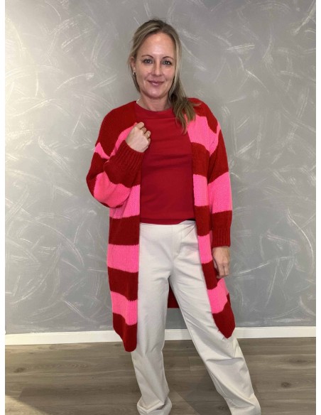 Rød og pink stribet lang strik cardigan til kvinder – TIPPY Collection