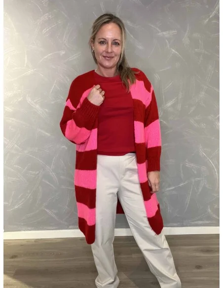 Rød og pink stribet lang strik cardigan til kvinder – TIPPY Collection