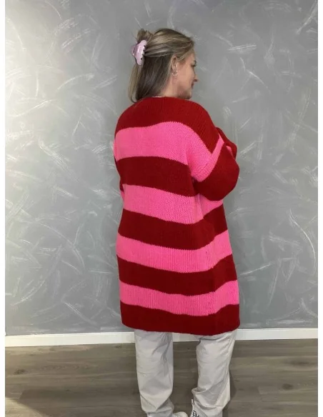 Bagside af rød og pink stribet lang strik cardigan – TIPPY