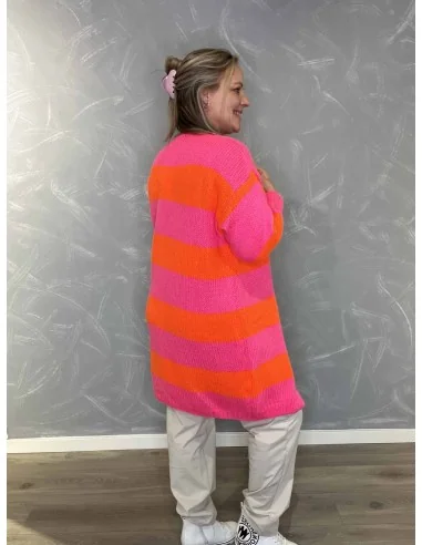 Bagside af pink og orange stribet lang strik cardigan – TIPPY