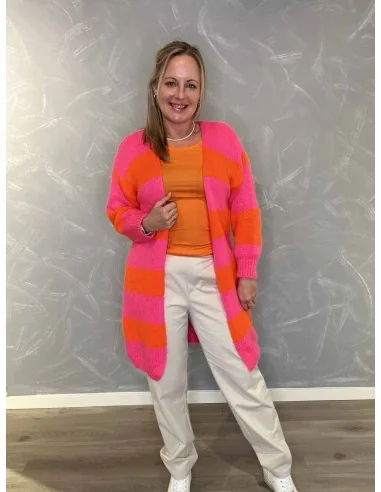 Pink og orange stribet lang strik cardigan til kvinder – TIPPY Collection