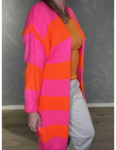 Stribet design på lang strik cardigan i pink og orange – TIPPY