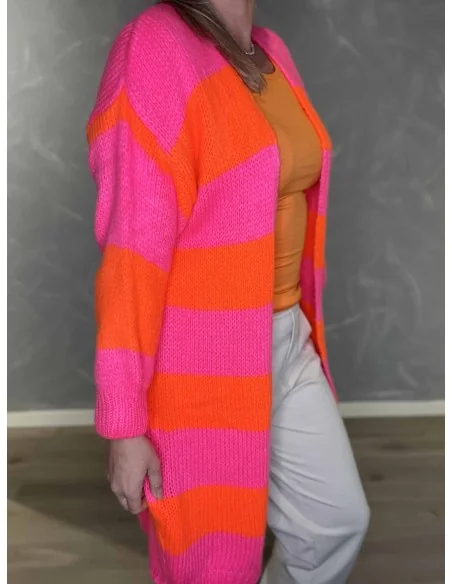 Stribet design på lang strik cardigan i pink og orange – TIPPY