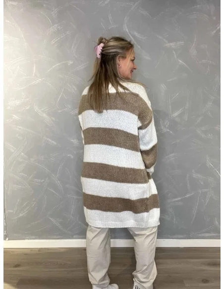 Bagside af beige og sand stribet lang strik cardigan – TIPPY