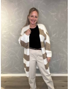 Beige og sand stribet lang strik cardigan til kvinder – TIPPY Collection