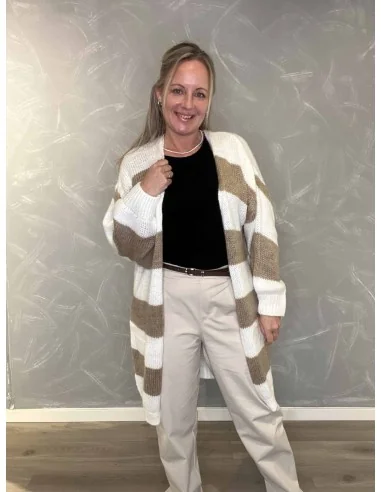 Beige og sand stribet lang strik cardigan til kvinder – TIPPY Collection