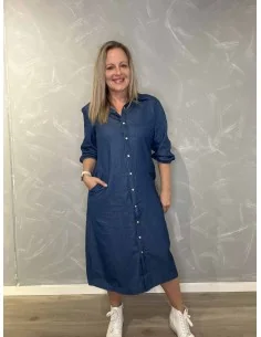 Jeans blå skjortekjole i bomuld med sommerfuglebroderi til kvinder – Design by TIPPY