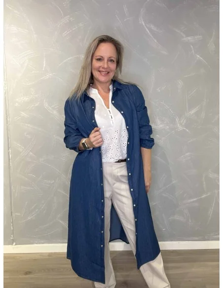 Jeans blå skjortekjole i bomuld med sommerfuglebroderi til kvinder – Design by TIPPY