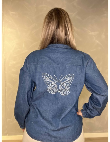 TIPPY | Bluse med broderet sommerfugl | Denim