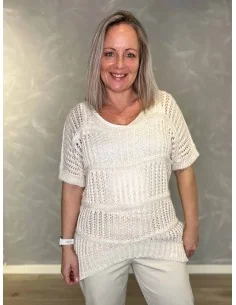 Off White hæklet kortærmet bluse struktur til kvinder – Tippy Collection