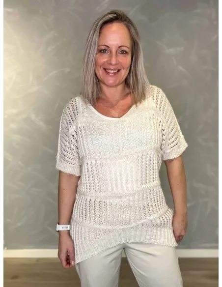 Off White hæklet kortærmet bluse struktur til kvinder – Tippy Collection