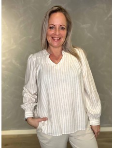 Beige v-hals stribet bluse til kvinder – Design by TIPPY