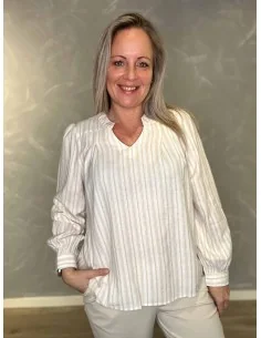 Beige v-hals stribet bluse til kvinder – Design by TIPPY