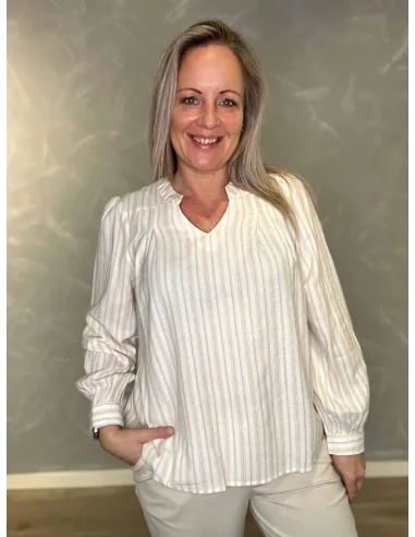 Beige v-hals stribet bluse til kvinder – Design by TIPPY