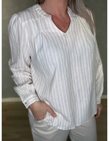 “V-hals og stribet design på beige bluse – TIPPY