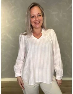 Rosa v-hals stribet bluse til kvinder – Design by TIPPY