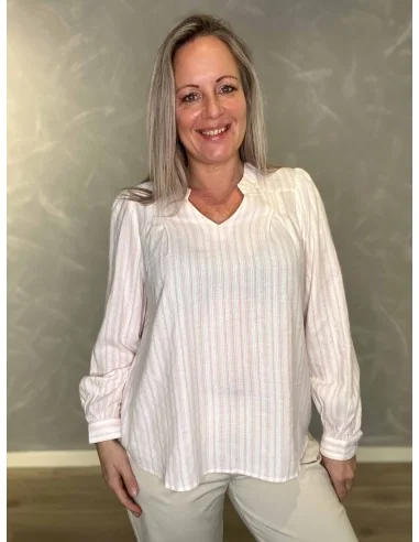Rosa v-hals stribet bluse til kvinder – Design by TIPPY