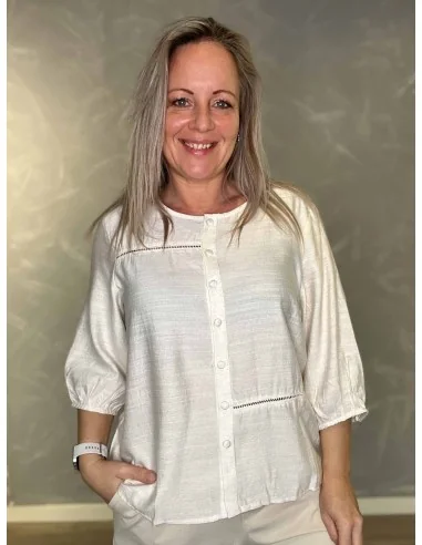 Off White skjorte med stolpedetalje og ballonærmer til kvinder – Design by TIPPY