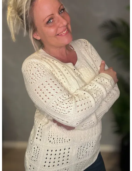 Nærbillede af det smukke hulmønster i bomuldsstrikken