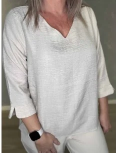 Sand bluse med v hals og 4/3 ærme til kvinder – Design by Tippy 2