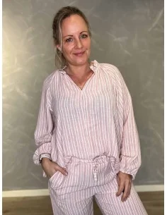 Rosa stribet bluse med frynsekrave til kvinder – TIPPY Collection