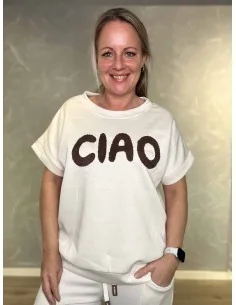 Sand kortærmet sweatbluse med Ciao print til kvinder – Tippy Collection