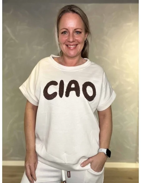 Sand kortærmet sweatbluse med Ciao print til kvinder – Tippy Collection