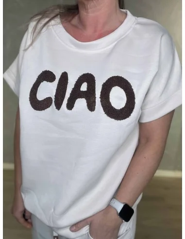 Ciao print på sand kortærmet sweatbluse – TIPPY