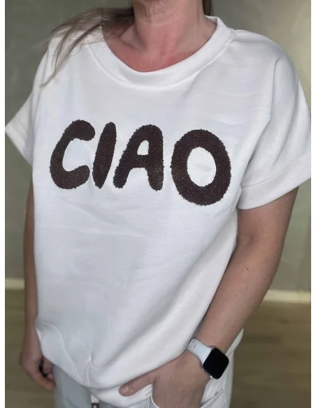 Ciao print på sand kortærmet sweatbluse – TIPPY